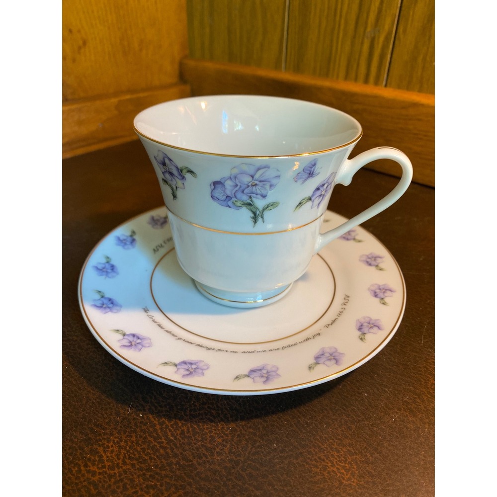 DaySpring Tea Cup & Saucer Set Purple Floral Psalm 126:3 White Excellent Preown